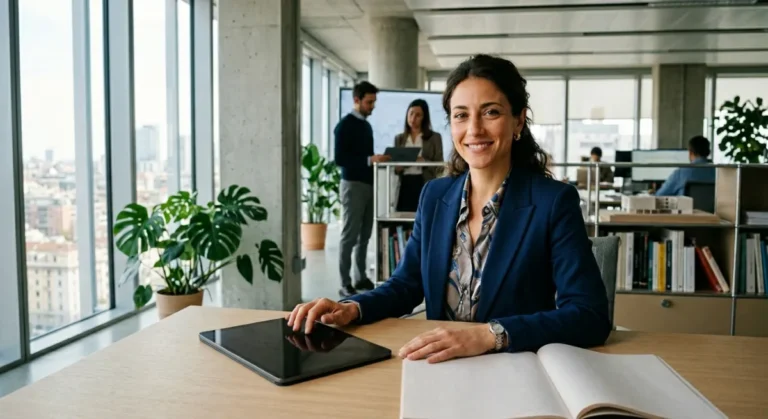 Professionista in ufficio moderno davanti a un tablet, rappresentazione del Bonus Donne 2026 e incentivi per l'occupazione femminile.